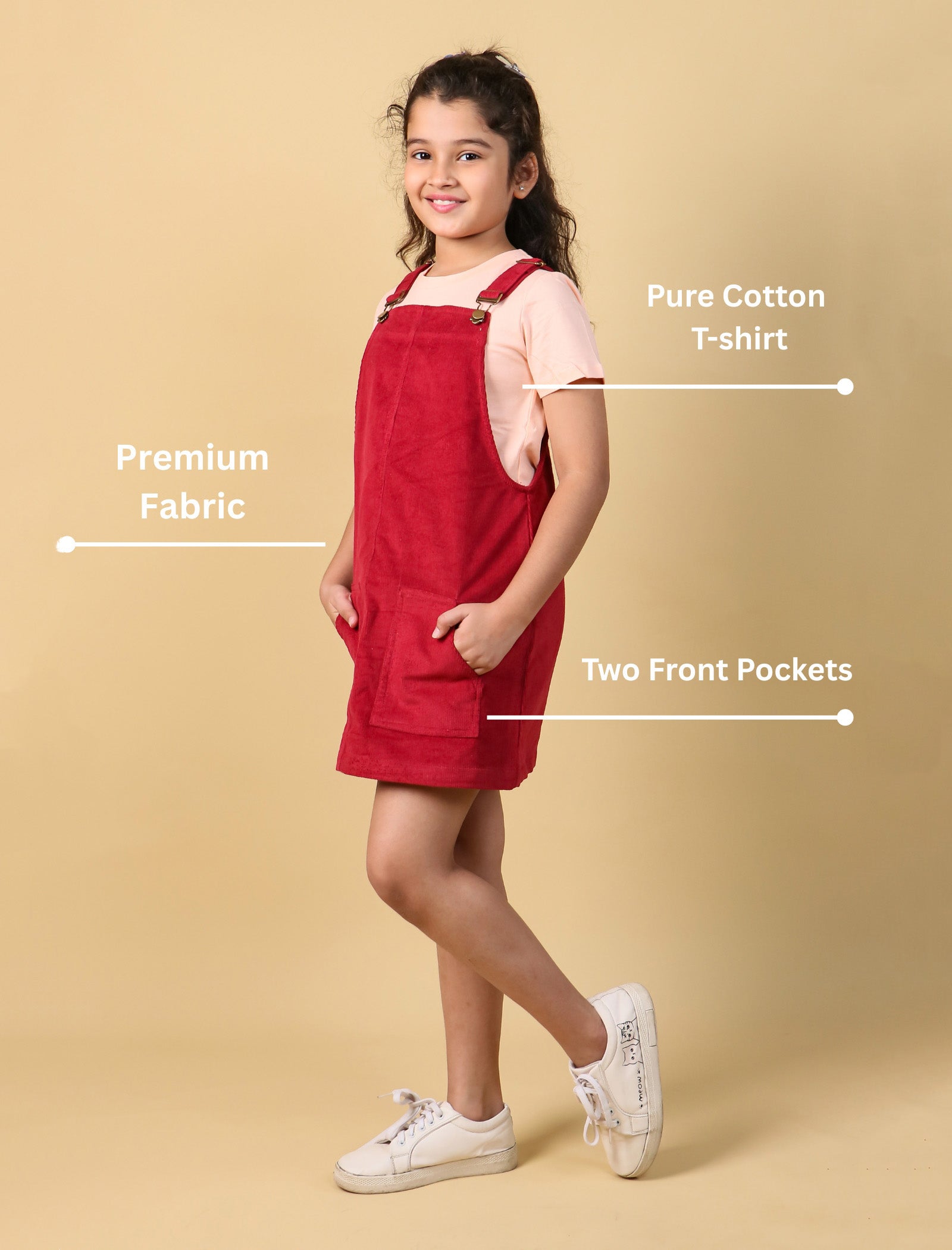 Premium Corduroy Pinafore Dungaree Dress for Girls with T-Shirt (Red) - Tweeny Mini