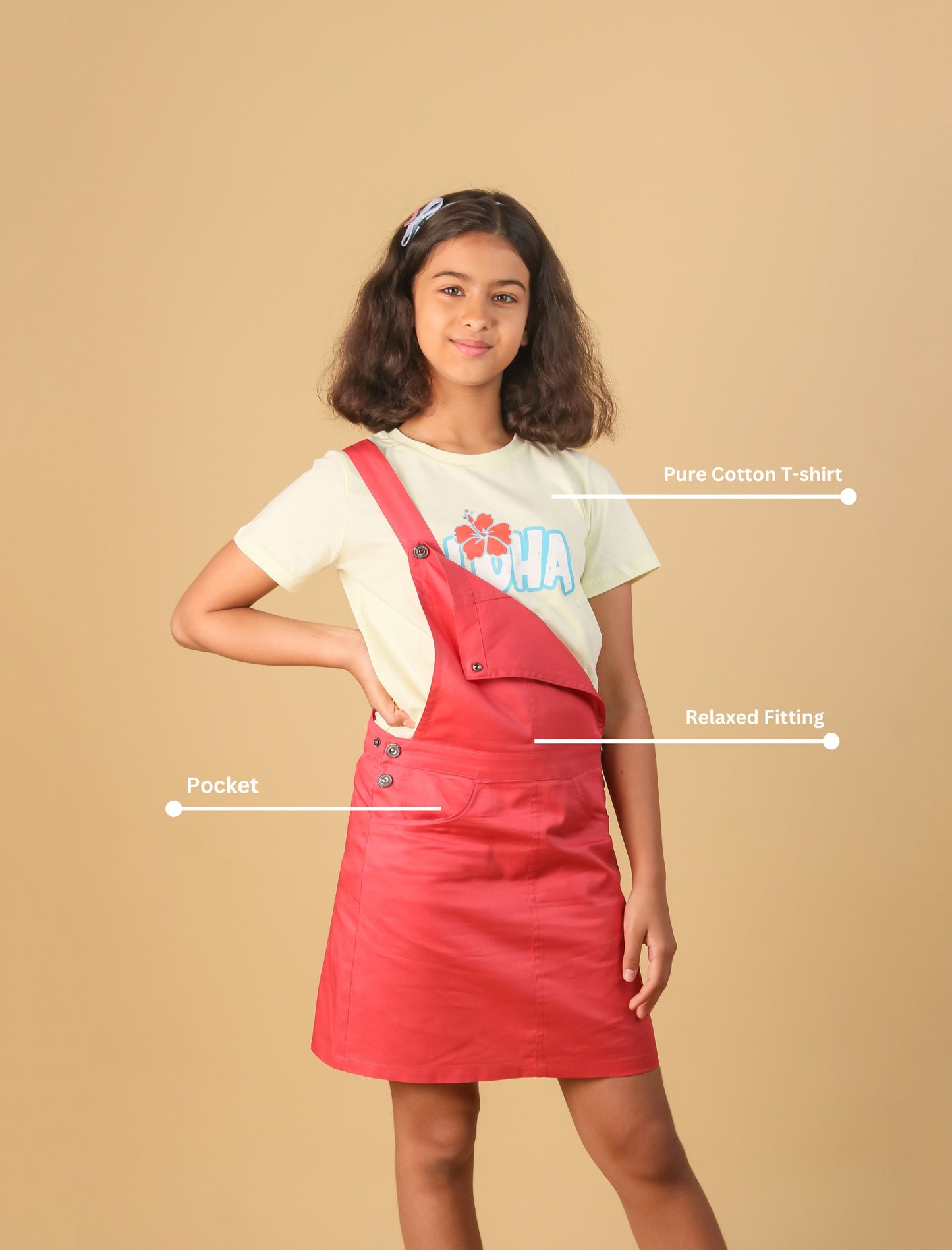 Premium Twill Cotton Pinafore Dresses for Girls Kids with T-Shirt Combo Set (Melon Red) - Tweeny Mini
