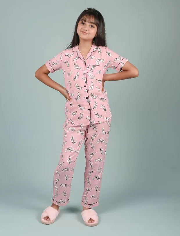 Pink Zebra Printed Girls Nightwear – Soft Rayon Half-Sleeve Shirt &amp; Pyjama Set-Tweeny Mini