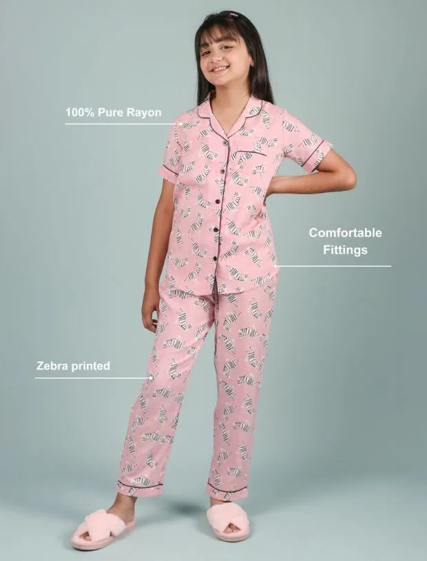 Pink Zebra Printed Girls Nightwear – Soft Rayon Half-Sleeve Shirt &amp; Pyjama Set-Tweeny Mini