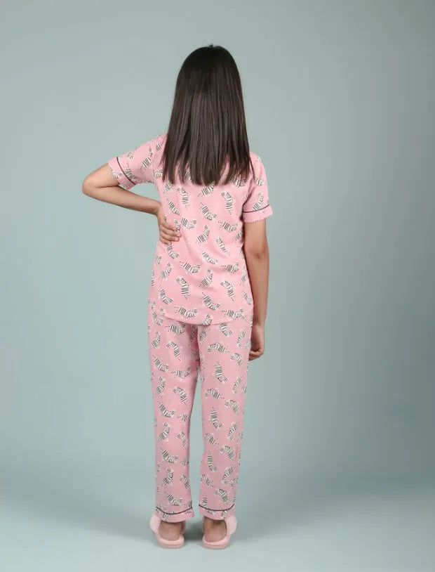 Pink Zebra Printed Girls Nightwear – Soft Rayon Half-Sleeve Shirt &amp; Pyjama Set-Tweeny Mini