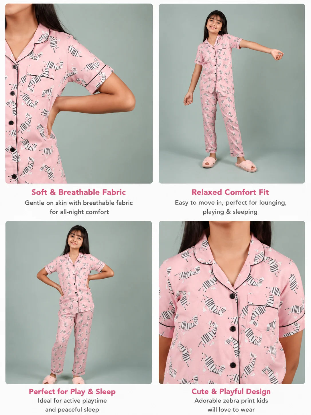Pink Zebra Printed Girls Nightwear – Soft Rayon Half-Sleeve Shirt &amp; Pyjama Set-Tweeny Mini