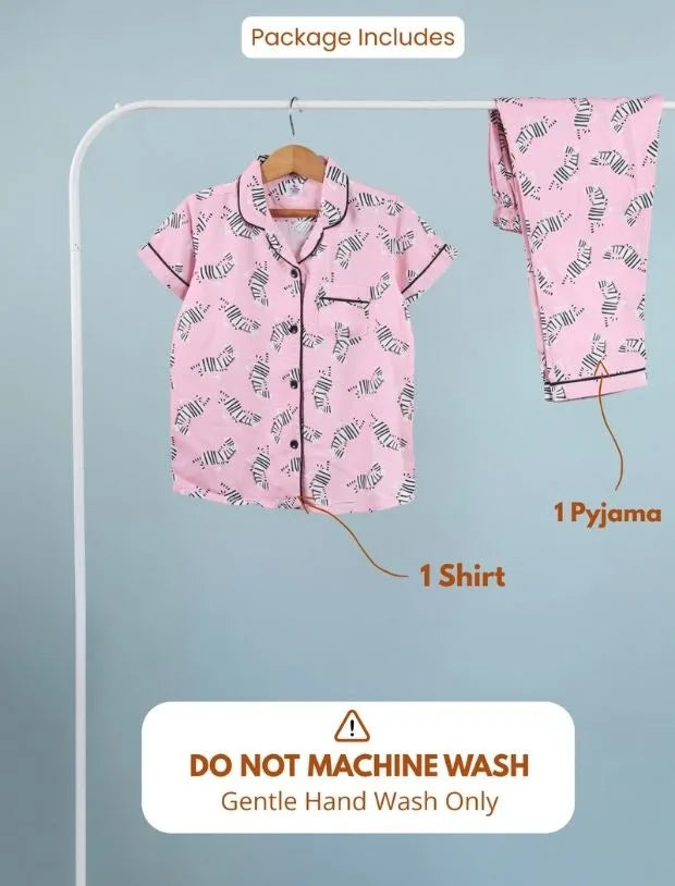 Pink Zebra Printed Girls Nightwear – Soft Rayon Half-Sleeve Shirt &amp; Pyjama Set-Tweeny Mini