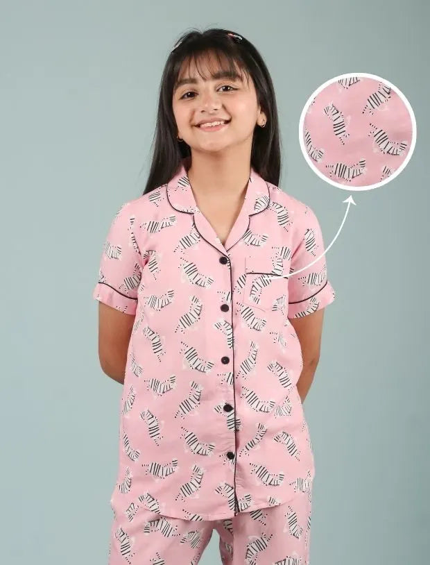 Pink Zebra Printed Girls Nightwear – Soft Rayon Half-Sleeve Shirt &amp; Pyjama Set-Tweeny Mini