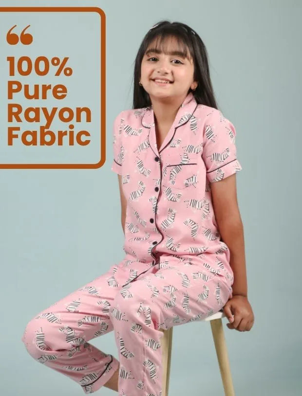 Pink Zebra Printed Girls Nightwear – Soft Rayon Half-Sleeve Shirt &amp; Pyjama Set-Tweeny Mini