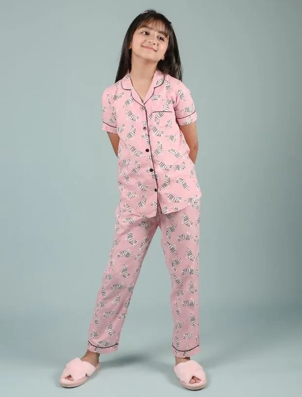 Pink Zebra Printed Girls Nightwear – Soft Rayon Half-Sleeve Shirt &amp; Pyjama Set-Tweeny Mini