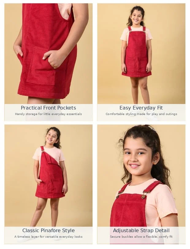 Premium Corduroy Pinafore Dungaree Dress for Girls without T-Shirt (Red)-Tweeny Mini