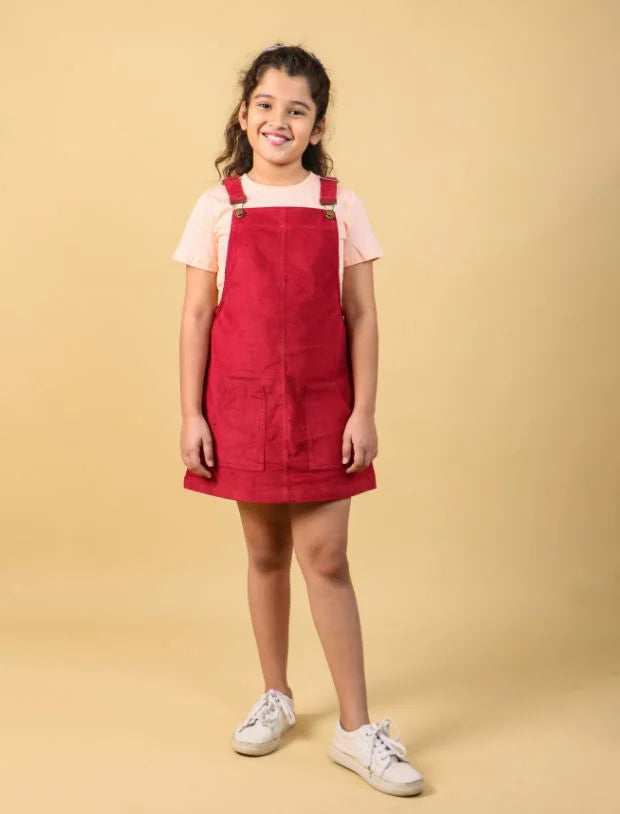 Premium Corduroy Pinafore Dungaree Dress for Girls without T-Shirt (Red)-Tweeny Mini