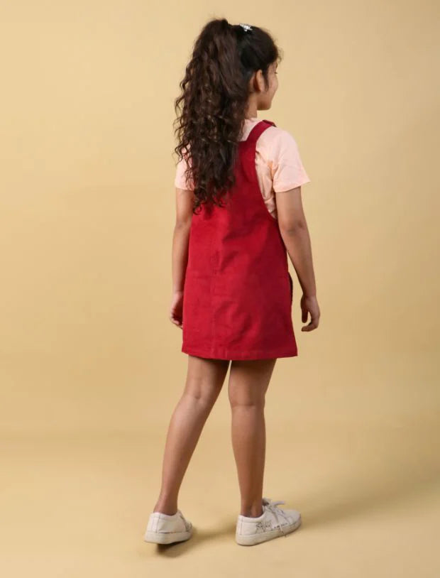 Premium Corduroy Pinafore Dungaree Dress for Girls without T-Shirt (Red)-Tweeny Mini