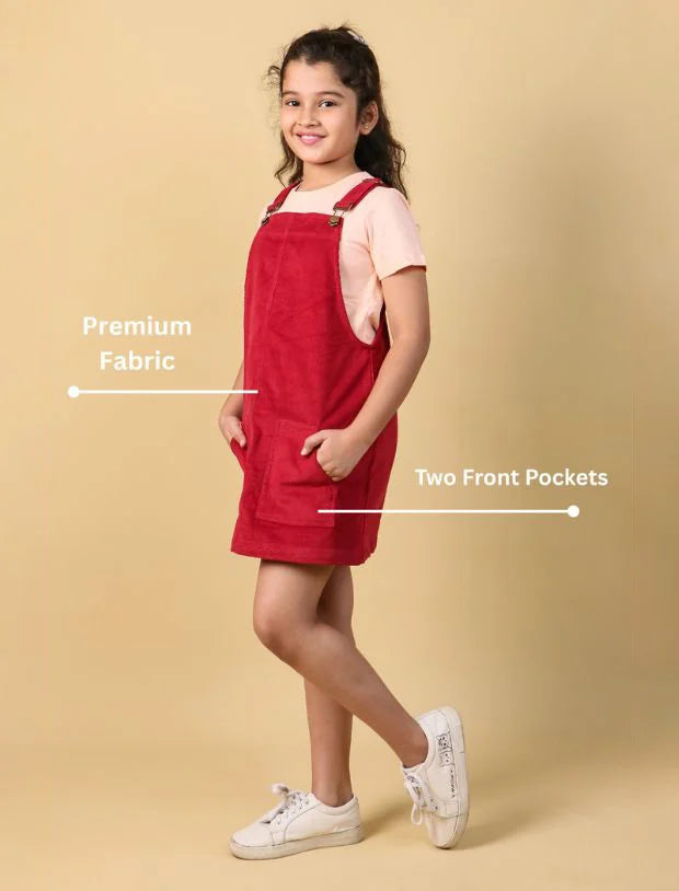Premium Corduroy Pinafore Dungaree Dress for Girls without T-Shirt (Red)-Tweeny Mini