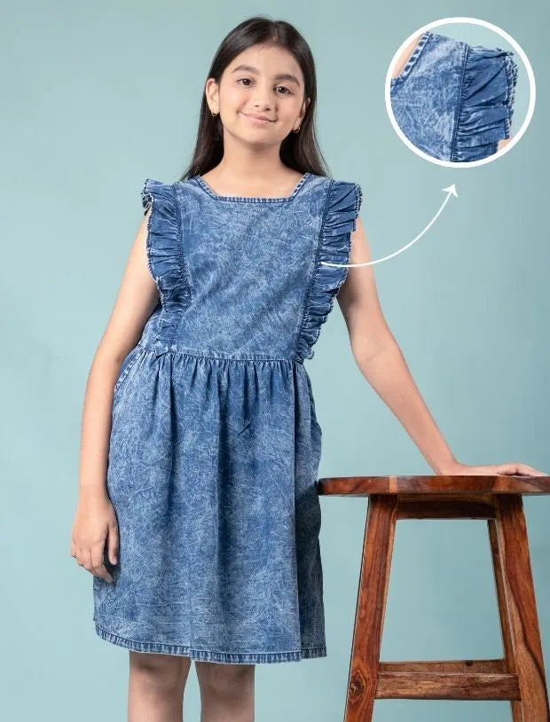 Premium Girls Kids Denim Frill Dress-Tweeny Mini