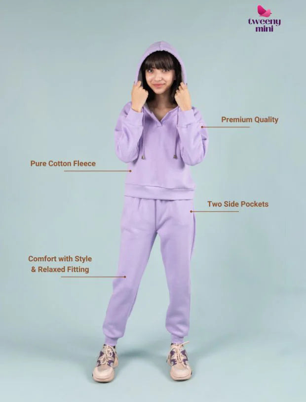 Premium Winter Fleece Hoodie for Kids Girls with Jogger Set (Lavender)-Tweeny Mini