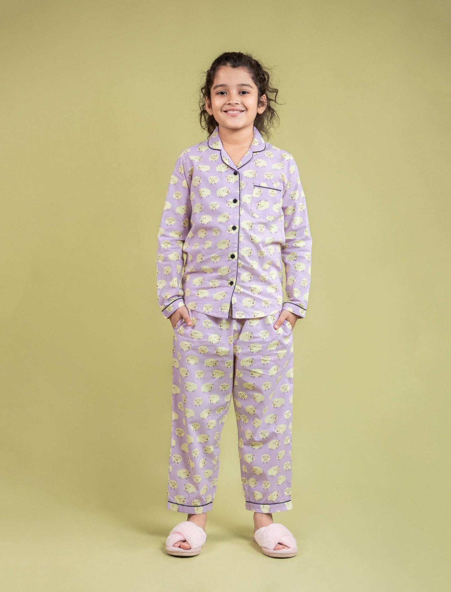 Little Sheep Printed Nightsuit for Girls Kids (Full Sleeves, Lavender) - Tweeny Mini