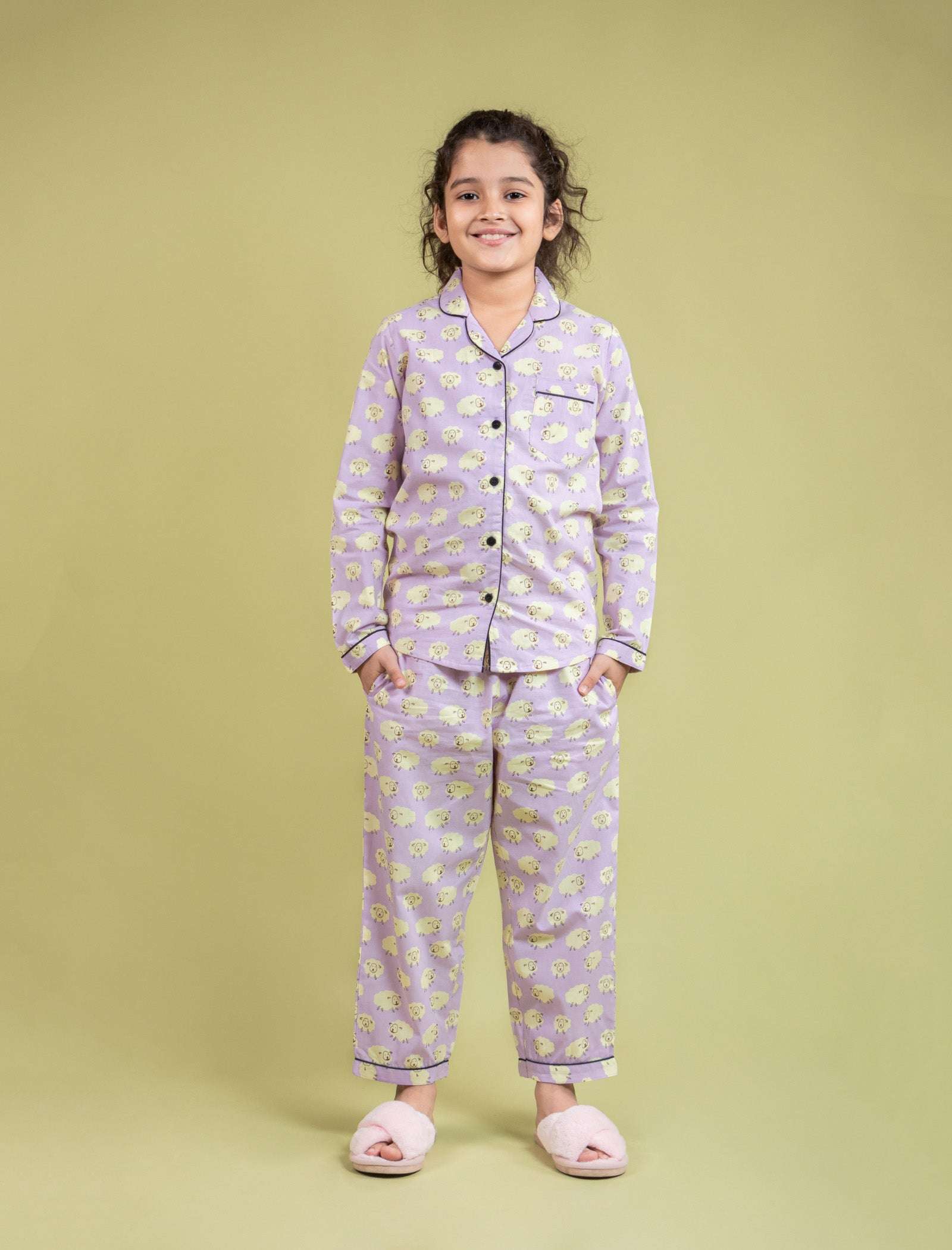 Little Sheep Printed Nightsuit for Girls Kids (Full Sleeves, Lavender) - Tweeny Mini