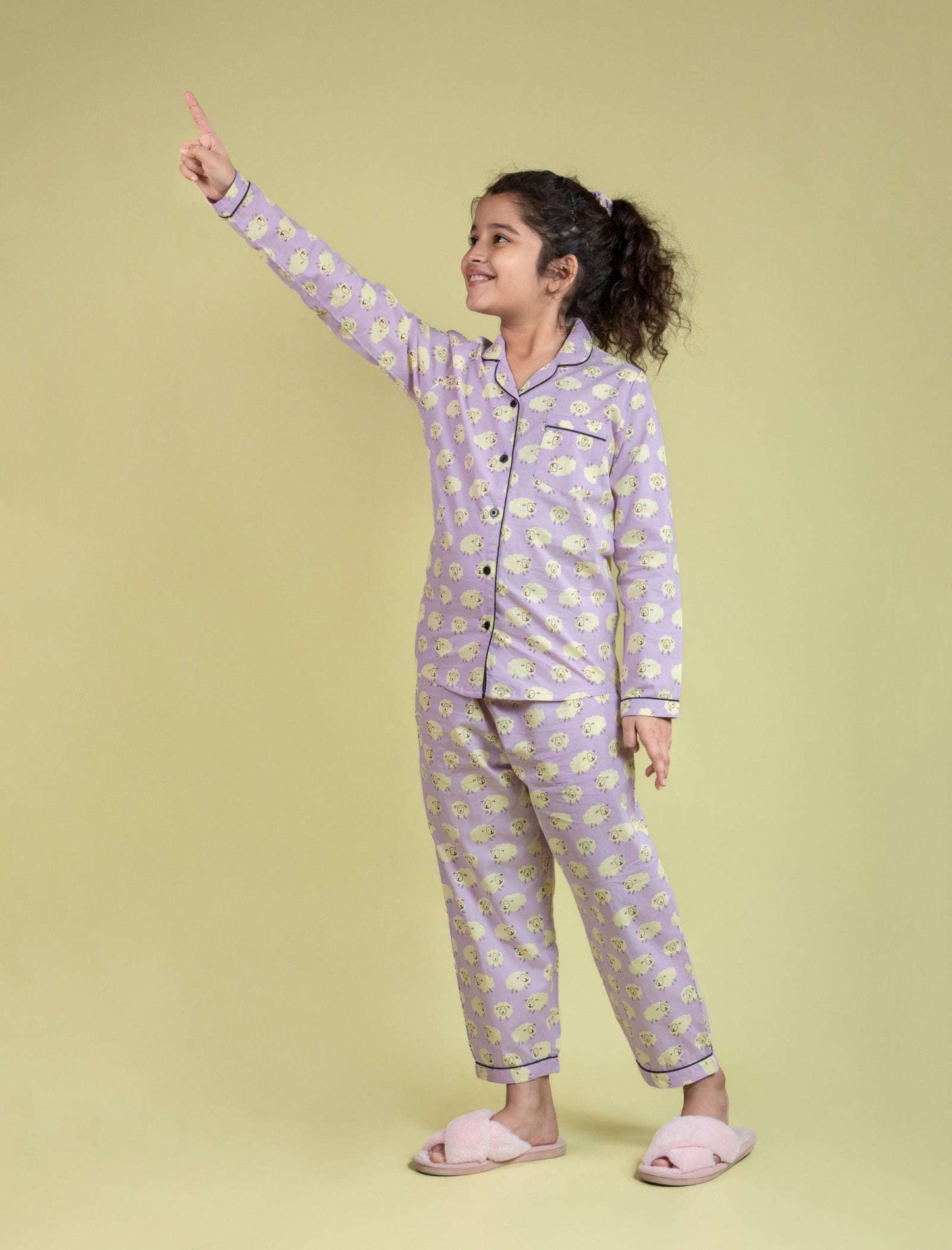 Little Sheep Printed Nightsuit for Girls Kids (Full Sleeves, Lavender) - Tweeny Mini