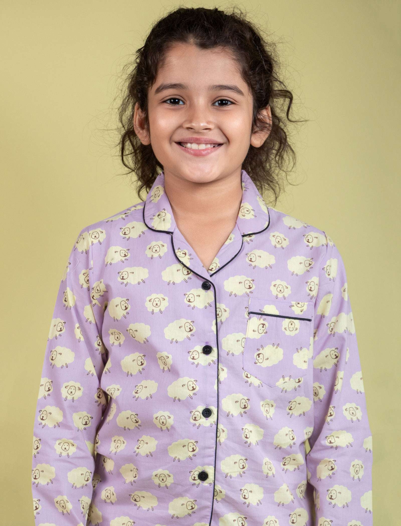 Little Sheep Printed Nightsuit for Girls Kids (Full Sleeves, Lavender) - Tweeny Mini