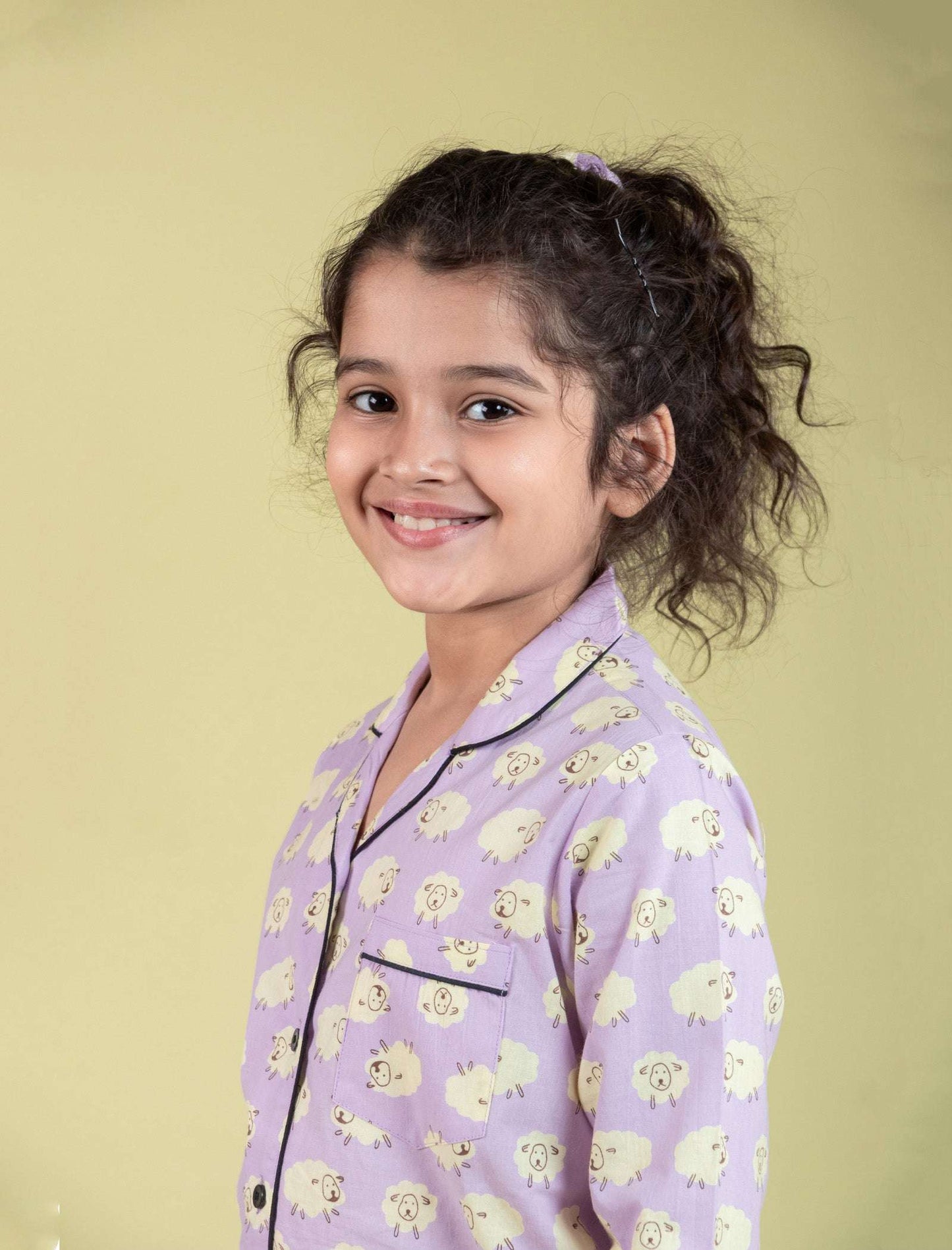 Little Sheep Printed Nightsuit for Girls Kids (Full Sleeves, Lavender) - Tweeny Mini