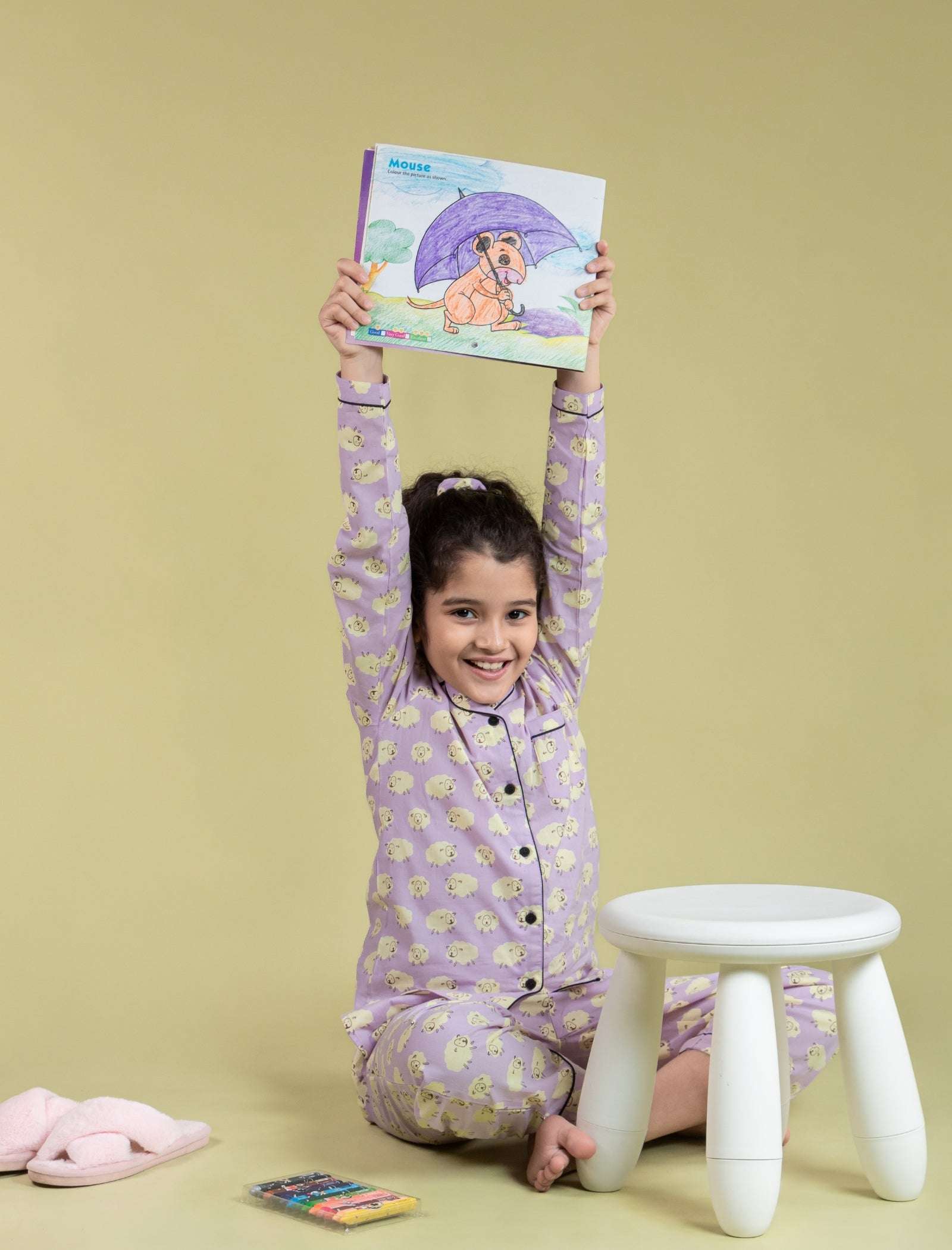 Little Sheep Printed Nightsuit for Girls Kids (Full Sleeves, Lavender) - Tweeny Mini