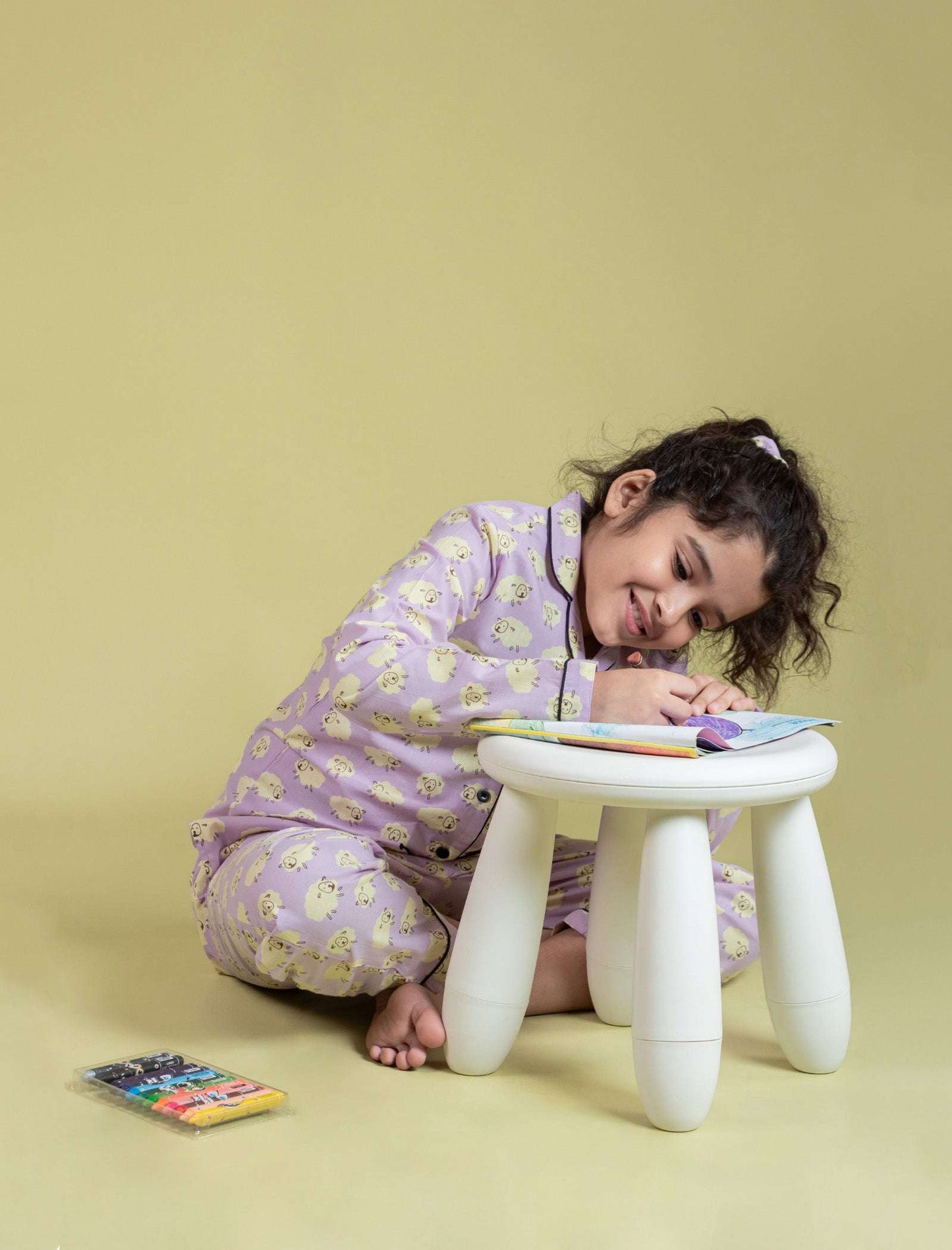 Little Sheep Printed Nightsuit for Girls Kids (Full Sleeves, Lavender) - Tweeny Mini