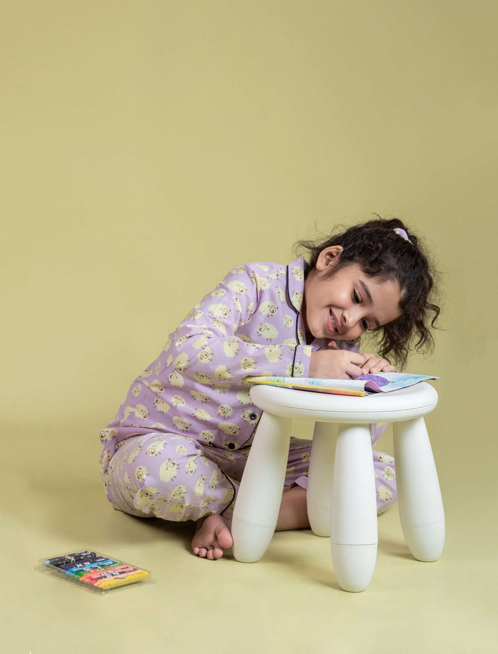 Little Sheep Printed Nightsuit for Girls Kids (Full Sleeves, Lavender) - Tweeny Mini