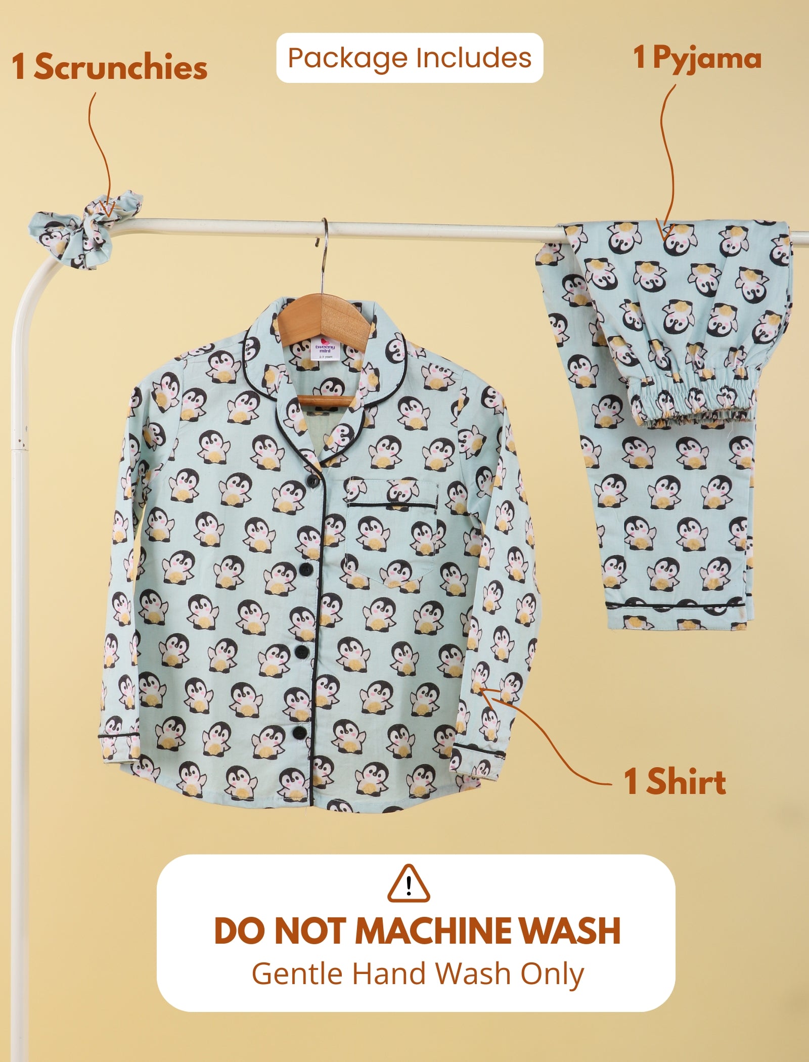 Set of pajama, shirt, and scrunchies with pattern on beige background