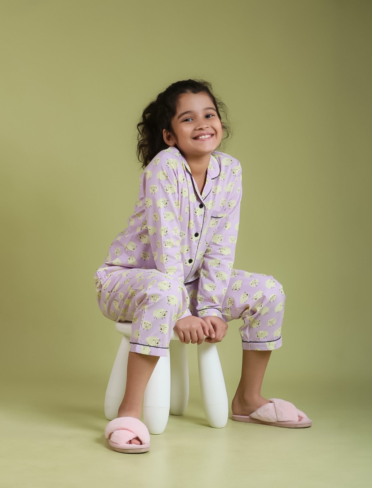 Little Sheep Printed Nightsuit for Girls Kids (Full Sleeves, Lavender) - Tweeny Mini