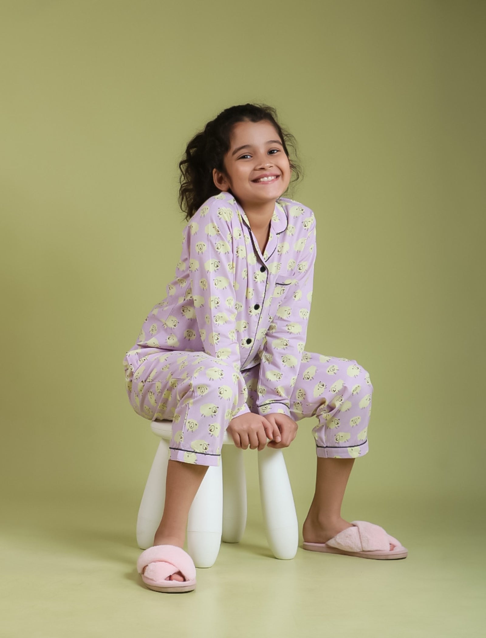 Little Sheep Printed Nightsuit for Girls Kids (Full Sleeves, Lavender) - Tweeny Mini