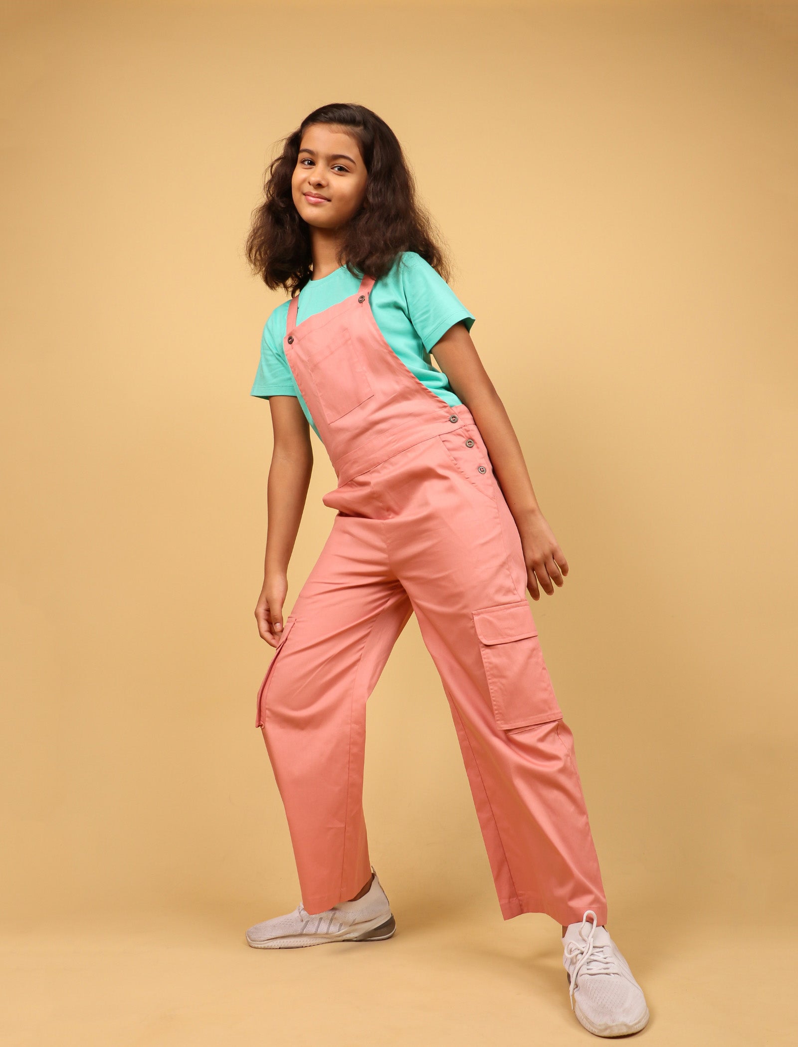 Cargo Twill Cotton Dungaree for Kids Girls with Half Sleeve T-Shirt (Peach) - Tweeny Mini