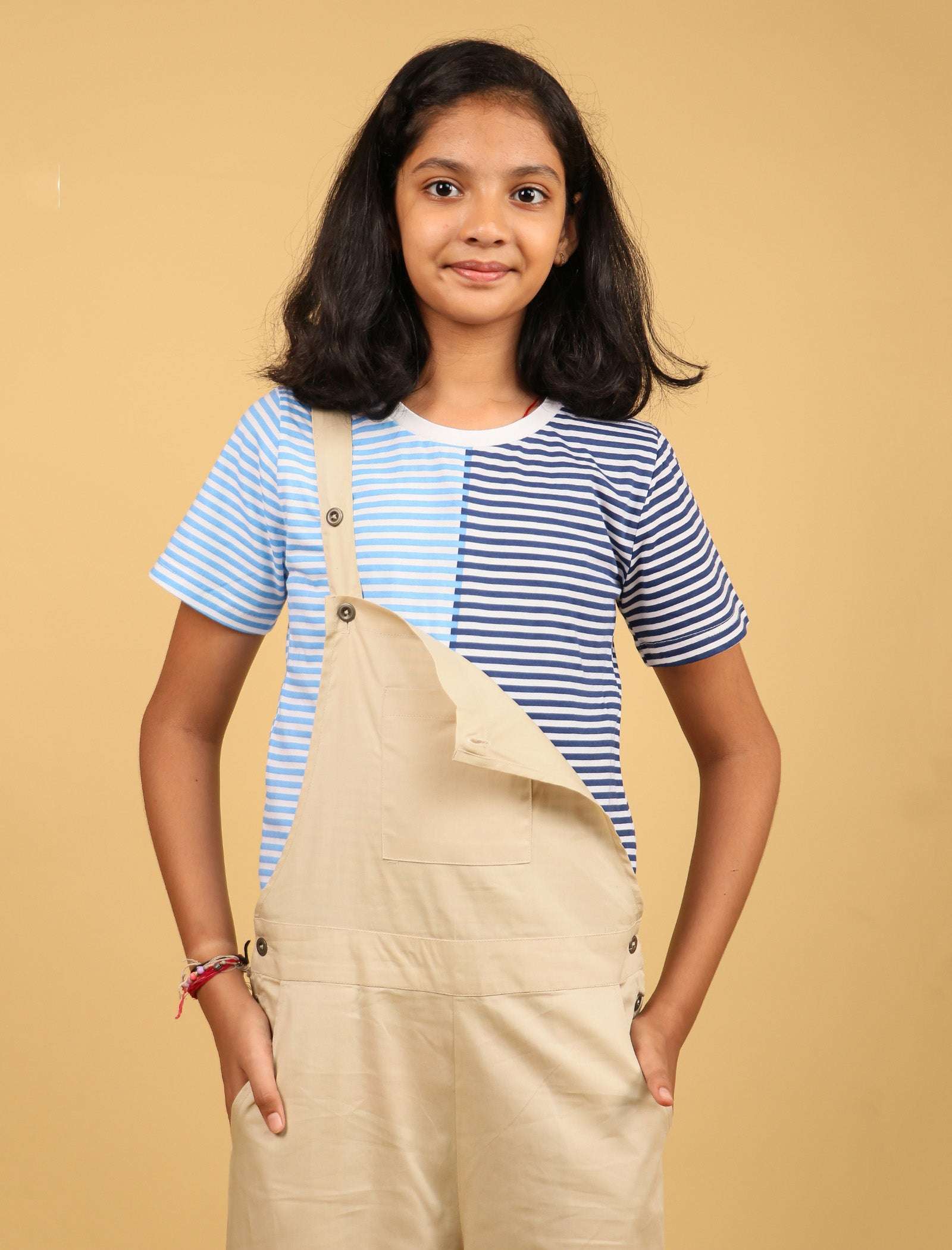 Cargo Twill Cotton Dungaree For Kids Girls with Half Sleeve T-Shirt (Beige) - Tweeny Mini