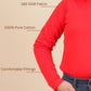 Red long-sleeve shirt with text highlighting fabric details on a beige background
