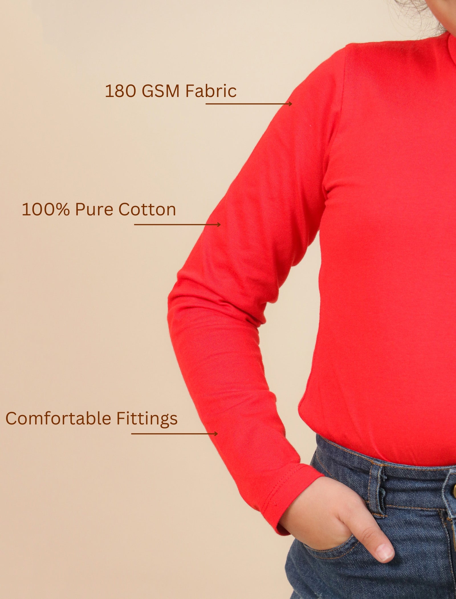 Red long-sleeve shirt with text highlighting fabric details on a beige background