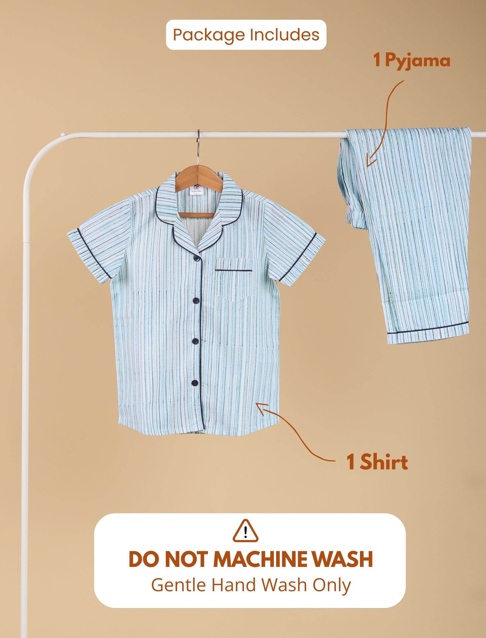 Set of striped shirt and pyjama on a hanger with washing instructions on a beige background