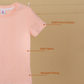 Peach t-shirt on a beige background with text highlighting features.