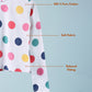 Polka dot shirt on a hanger with text indicating '100% Pure Cotton', 'Soft Fabric', and 'Relaxed Fitting' on a light blue background.