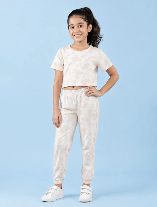 Pure Cotton Tie-Dye Joggers Girls Kids Co-ord Set (Beige)-Tweeny Mini