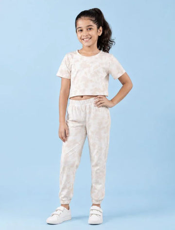 Pure Cotton Tie-Dye Joggers Girls Kids Co-ord Set (Beige)-Tweeny Mini