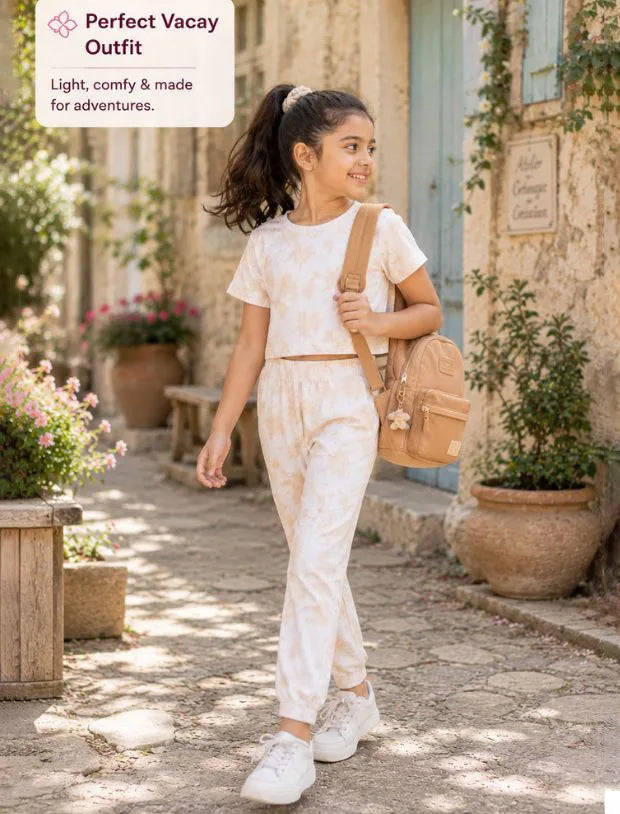 Pure Cotton Tie-Dye Joggers Girls Kids Co-ord Set (Beige)-Tweeny Mini