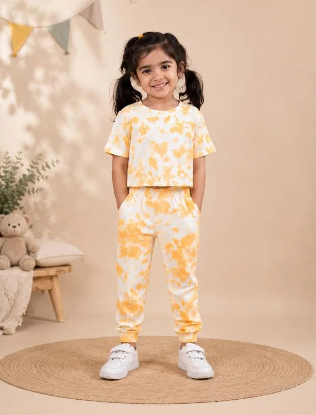 Pure Cotton Tie-Dye Joggers Kids Girls With Crop Top (Iced Mango)-Tweeny Mini