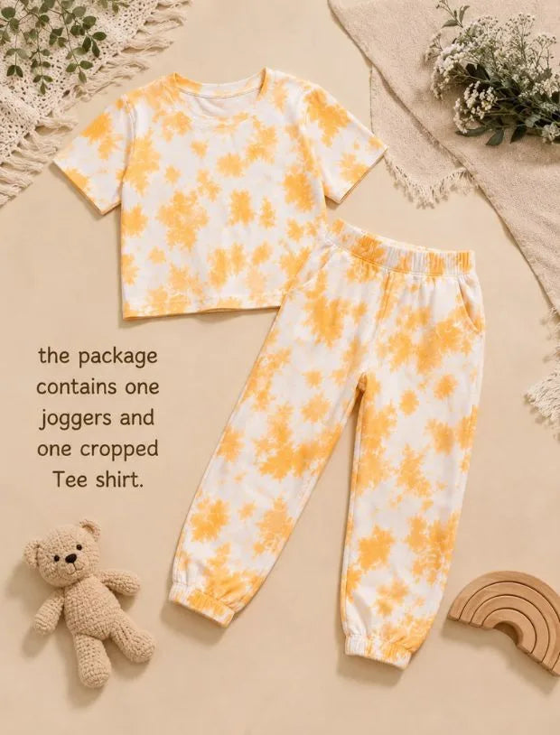 Pure Cotton Tie-Dye Joggers Kids Girls With Crop Top (Iced Mango)-Tweeny Mini