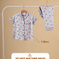 Floral pajama set with shirt on a hanger against a beige background, with text indicating package contents and washing instructions.