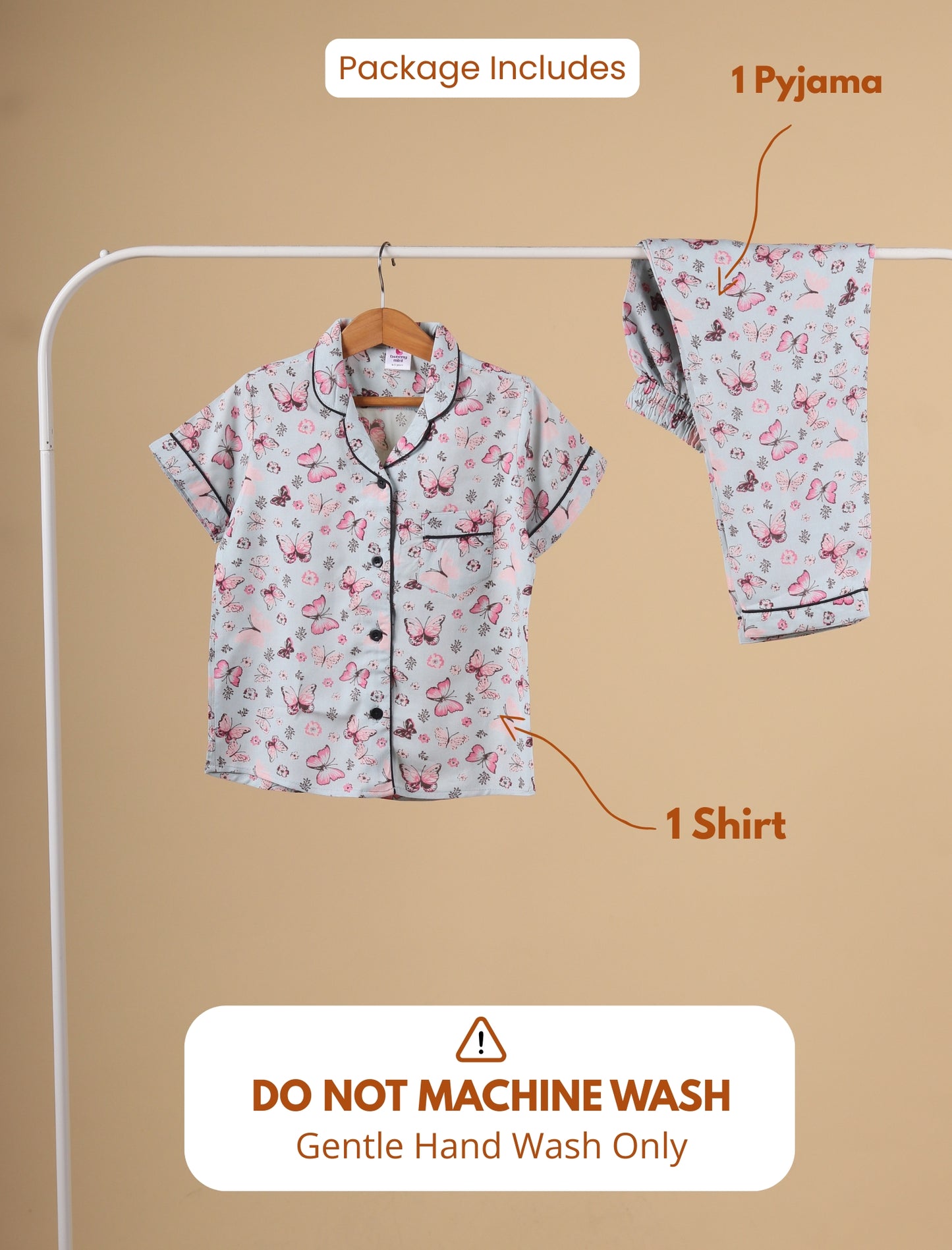Floral pajama set with shirt on a hanger against a beige background, with text indicating package contents and washing instructions.