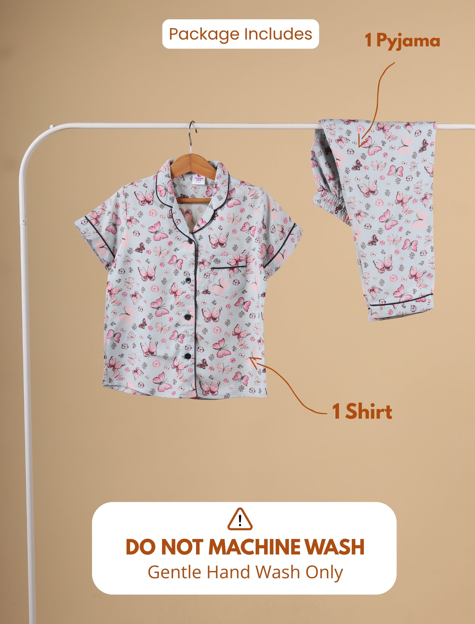 Floral pajama set with shirt on a hanger against a beige background, with text indicating package contents and washing instructions.