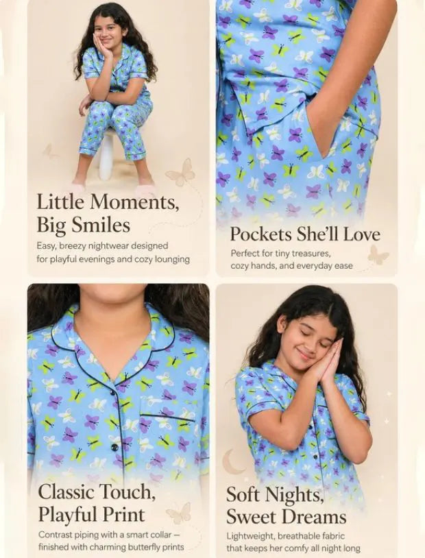 Pure Rayon Butterfly Printed Night Suits for Girls Kids (Blue)-Tweeny Mini