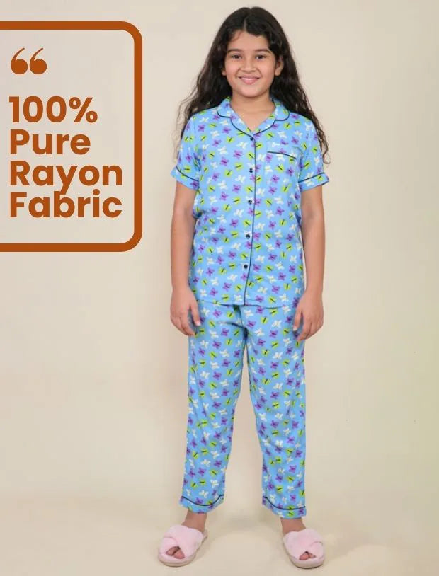 Pure Rayon Butterfly Printed Night Suits for Girls Kids (Blue)-Tweeny Mini