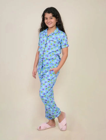 Pure Rayon Butterfly Printed Night Suits for Girls Kids (Blue)-Tweeny Mini