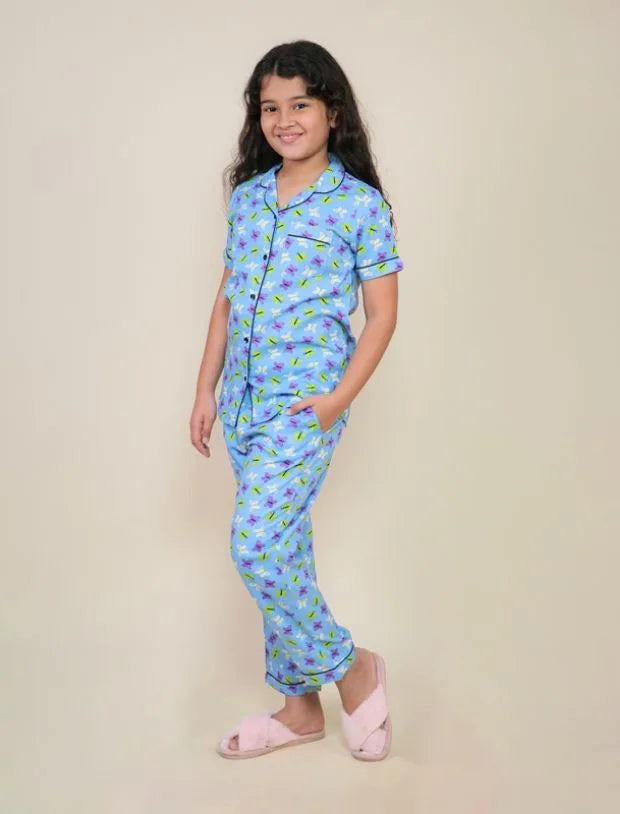 Pure Rayon Butterfly Printed Night Suits for Girls Kids (Blue)-Tweeny Mini