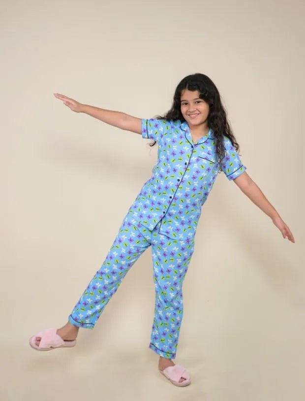 Pure Rayon Butterfly Printed Night Suits for Girls Kids (Blue)-Tweeny Mini