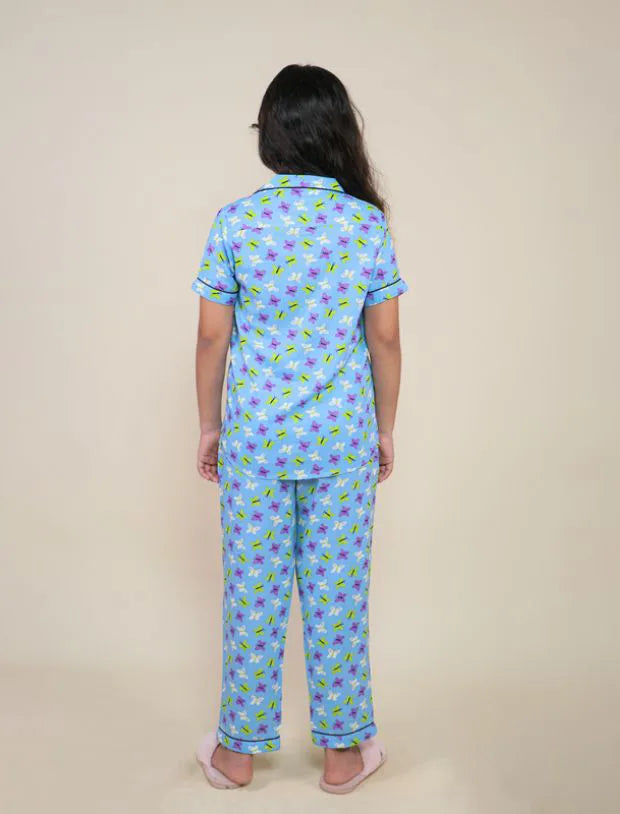 Pure Rayon Butterfly Printed Night Suits for Girls Kids (Blue)-Tweeny Mini