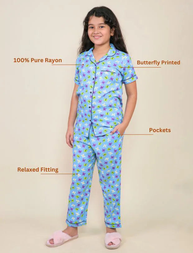 Pure Rayon Butterfly Printed Night Suits for Girls Kids (Blue)-Tweeny Mini