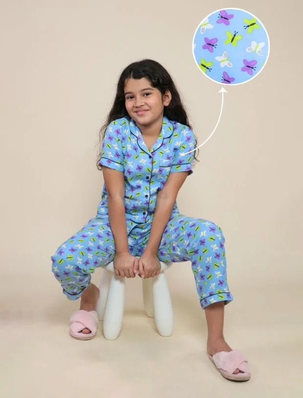 Pure Rayon Butterfly Printed Night Suits for Girls Kids (Blue)-Tweeny Mini